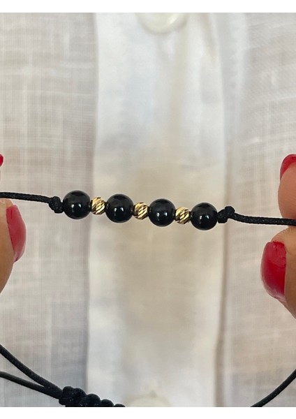 14 Ayar Altın 3 Dorika Detaylı Doğal Onix Taşlı Unisex Altın Bileklik