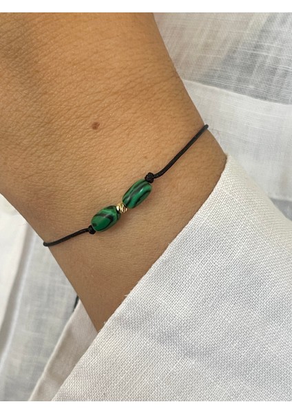 14 Ayar Altın Dorika Detaylı Doğal Malahit Taşlı Minimal Tasarım Altın Bileklik