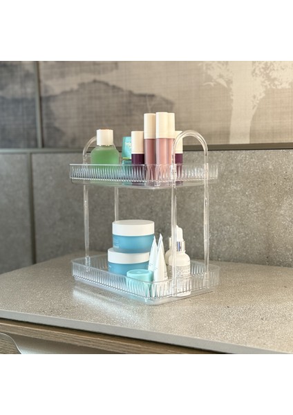 2 Katlı Makyaj Organizeri Kozmetik Aksesuar Düzenleyici Banyo Rafı Diamond Şeffaf Poli̇karbonat