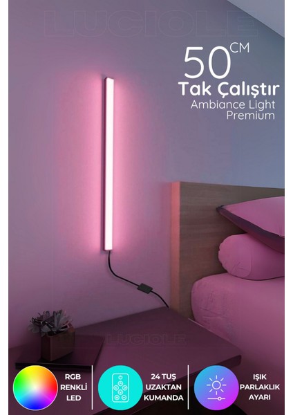 Renkli Uzaktan Kumandalı LED Aplik 50 Cm, Yatak, Tv Yanı ve Oturma Odası Için Ideal