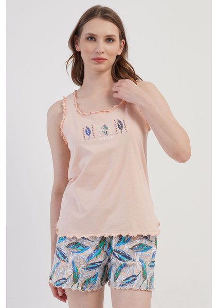 Pamuklu Kadın Büyük Beden Genıs Askılı Şortlu Pijama Takım , 408217