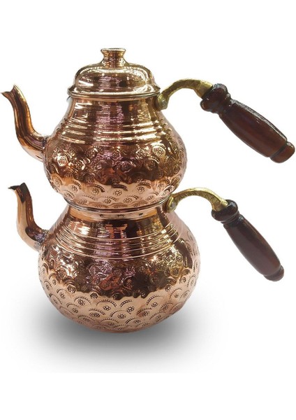 El Işli Papatya Desenli Bakır Çaydanlık, Büyük Boy, Kırmızı Renk