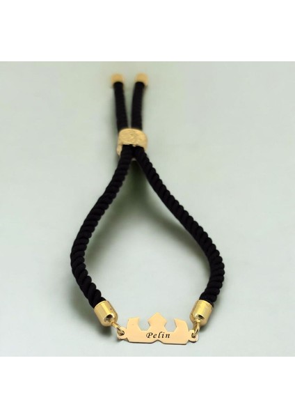 Pelin İsmine Özel Taç Figürlü 14 Ayar Altın Plakalı Siyah İpek Örgülü Hediye Bileklik-507 İsim fiyatları