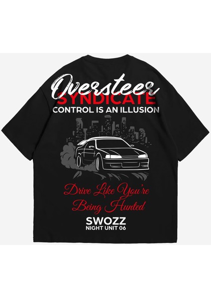 Siyah Regular Fit Erkek Tişört – Oversteer Syndicate Tasarımı | Swozz Gece Yarışı Koleksiyonu