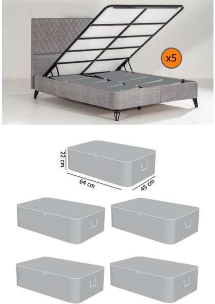 Gri Çekyat Baza Tipi Saklama Hurcu, Büyük Boy 65X45X22 Cm, 5 Adet