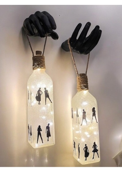 El Figürlü LED Duvar Lambası, Buzlu Cam Şişe Aydınlatma, El Yapımı Dekor