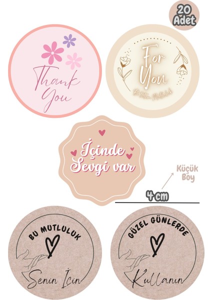 20 Adet (5 Farklı Çeşit) Karışık Etiket Paketleme Etiketi Hediye Etiketi Sticker -4 Cm-(Model 10)