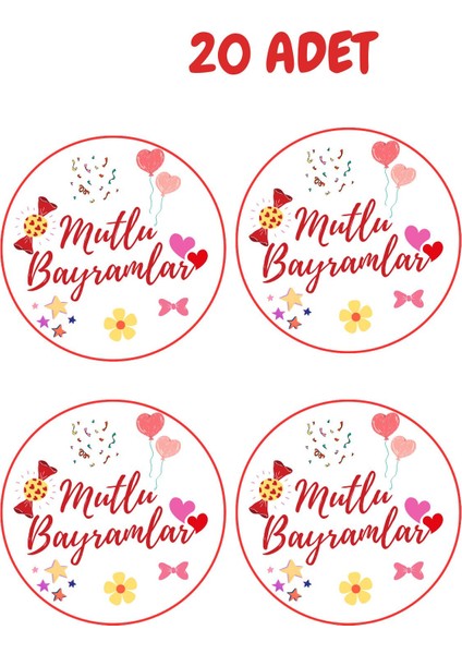 20 Adet Paketleme Etiketi Yuvarlak Mutlu Bayramlar Yazan Yapışkanlı Etiket 4cm
