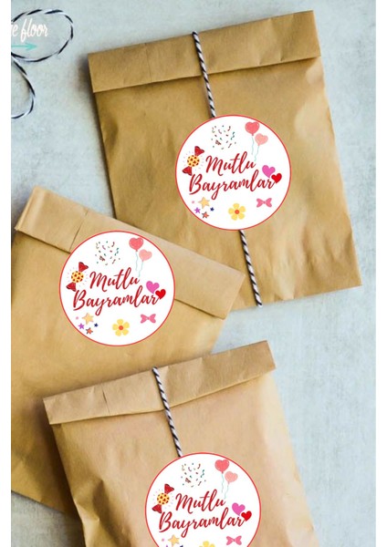 20 Adet Paketleme Etiketi Yuvarlak Mutlu Bayramlar Yazan Yapışkanlı Etiket 4cm