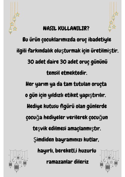 25X35 Ramazan Ayı Temalı Oruç Takvimi Çocuklar Için Oruç Çizelgesi + 36 Adet Yıldız Etiketi