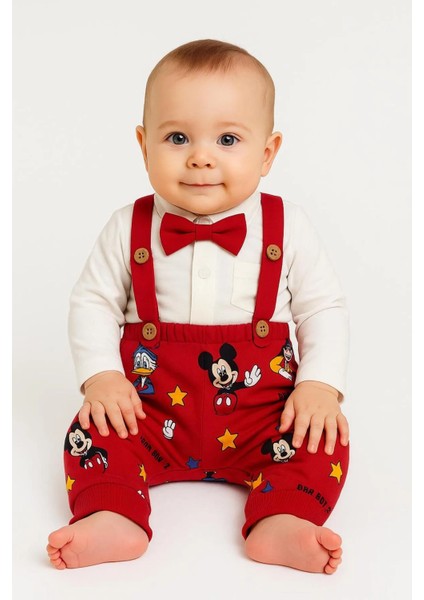 Erkek Bebek Mickey Baskılı 2li Salopet Takım