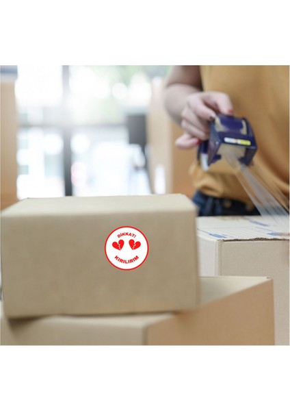 100 Adet Yuvarlak Dikkat Kırılır Etiketi Kargo Etiketi 4X4CM Küçük Boy
