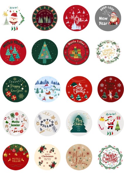 20 Adet 4 cm Yılbaşı Temalı Etiket, Yapışkanlı Sticker, Hediye Paketi Etiketi