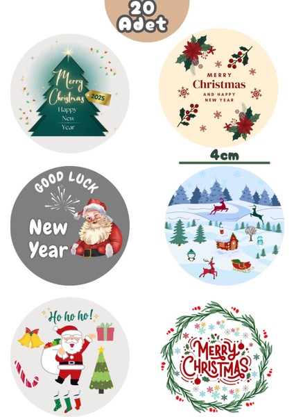 20 Adet 4 cm Yılbaşı Temalı Etiket, Yapışkanlı Sticker, Hediye Paketi Etiketi fiyatları