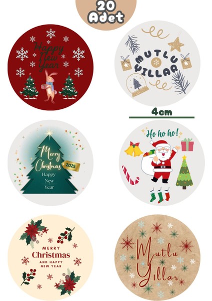 20 Adet 4 cm Yılbaşı Temalı Etiket, Yapışkanlı Sticker, Hediye Paketi Etiketi modelleri