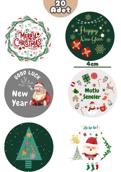 20 Adet 4 cm Yılbaşı Temalı Etiket, Yapışkanlı Sticker, Hediye Paketi Etiketi fırsatları