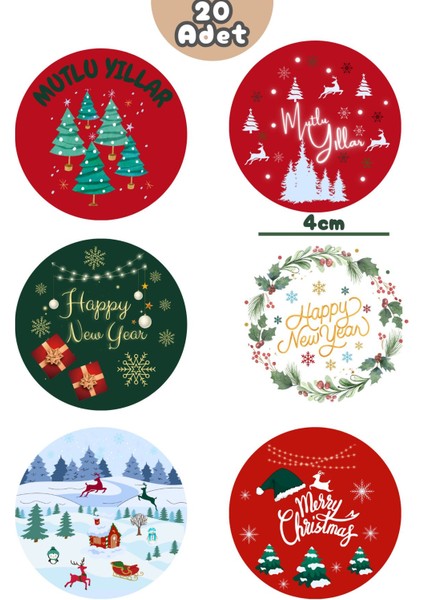 20 Adet 4 cm Yılbaşı Temalı Etiket, Yapışkanlı Sticker, Hediye Paketi Etiketi indirimleri