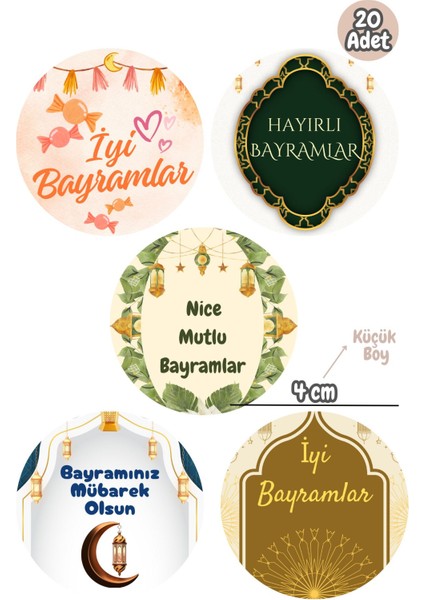 20 Adet Bayram Kutlama Tebrik Etiketleri (5 Çeşit) Yuvarlak Yapışkanlı Sticker 4 cm M15