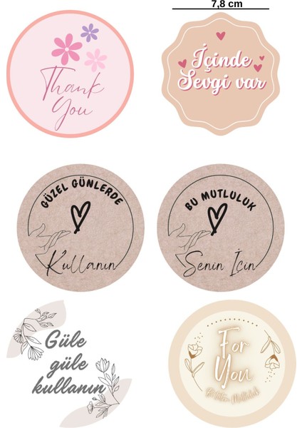 6 Adet Büyük Boy -8 cm Özel Gün Temalı Etiket, Yapışkanlı Sticker, Hediye Paketi Etiketi