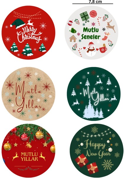 6 Adet Büyük Boy -8 cm Yılbaşı Temalı Etiket, Yapışkanlı Sticker, Hediye Paketi Etiketi