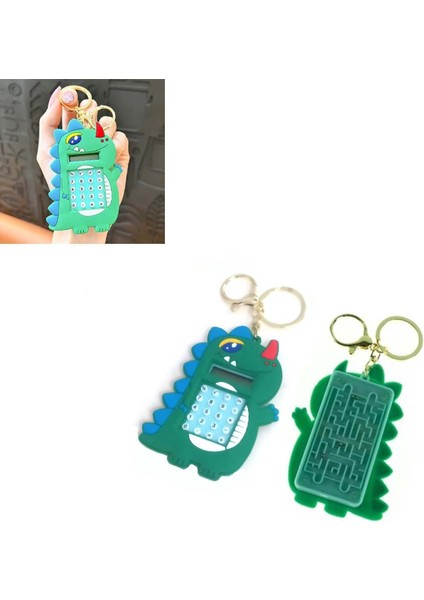 Mini 8 Haneli Hesap Makineli Labirent Oyunlu Dinazor Anahtarlık (1 Adet) (Ebat: 9,3 cm x 5,9 Cm)