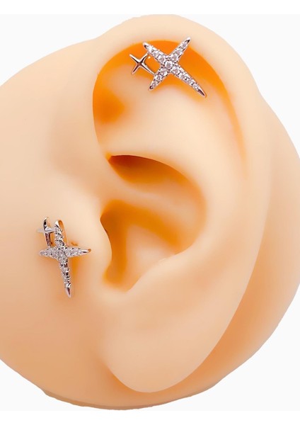 Cerrrahi Çelik Zirkon Taşlı Çift Haç Tragus Helix Piercing (1ADET)