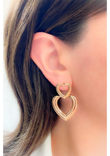 Çelik Küpe Çift Kalpli Sallantılı Şık Küpe