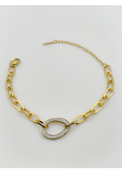 Çelik Oval Taşlı Bilekli Gold