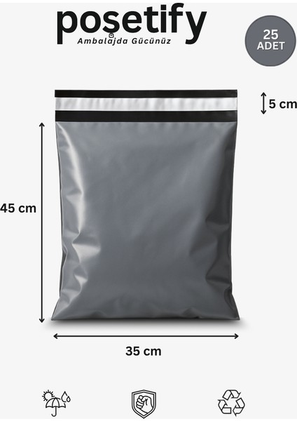 Gri Cepsiz Kargo Poşeti 35X45+5 cm | Yapışkan Bantlı Kargo Zarfı | 25’li E-Ticaret Poşeti