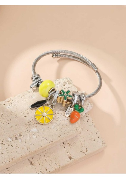 Sarı Taşlı Limon ve Havuç Figürlü Gümüş Renk Çelik Charm Bileklik