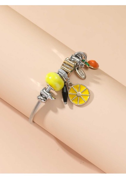 Sarı Taşlı Limon ve Havuç Figürlü Gümüş Renk Çelik Charm Bileklik modelleri