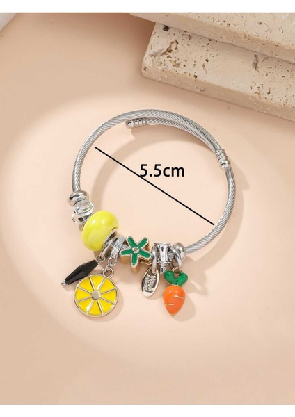 Sarı Taşlı Limon ve Havuç Figürlü Gümüş Renk Çelik Charm Bileklik fırsatları