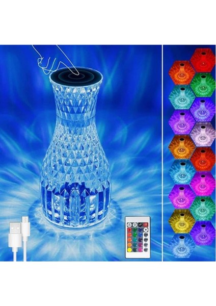 USB Şarjlı Kumandalı Çok Renkli 16 Işık Modlu Masa Üstü Kristal Akrilik Lamba