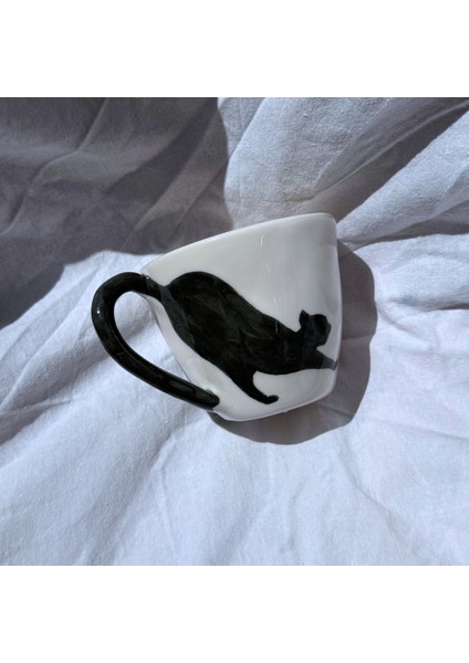 Arche Ceramic El Yapmı Seramik Kupa - Esneyen Kedi - Siyah & Beyaz - 220 ml - Tekli indirimleri