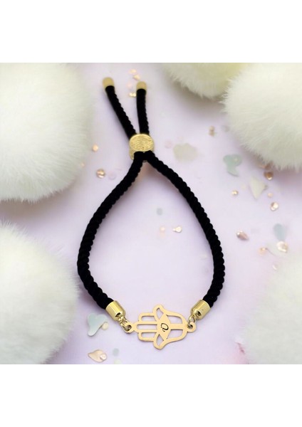 Ü Harfine Özel Hamsa Motifli 14 Ayar Altın Plakalı Siyah İpek Örgülü Hediye Bileklik-509 Harf fiyatları