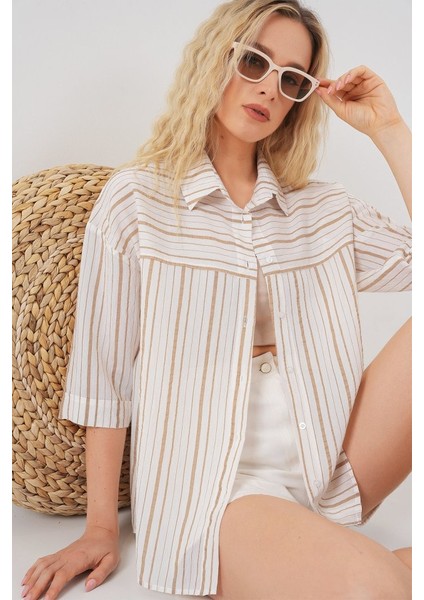 Çizgili Kısa Kol Gömlek 20344 - Krem fırsatları