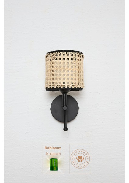 Siyah Rattan ve Hazeran Duvar Aydınlatması, Kablosuz, Pilli, Ledli, Modern Tasarım