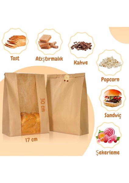 100 Adet 17X30 Pencereli Kraft Kese Kağıdı Gıdaya Uygun Poğaça Tost Sandviç Simit Kağıdı