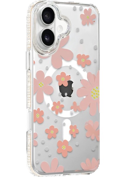Apple iPhone 16 Floral Magsafe Kapak - Pembe - YKD4532-8624