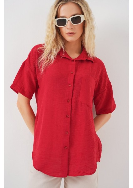Kısa Kol Keten Görünümlü Gömlek 20336 - Kırmızı modelleri