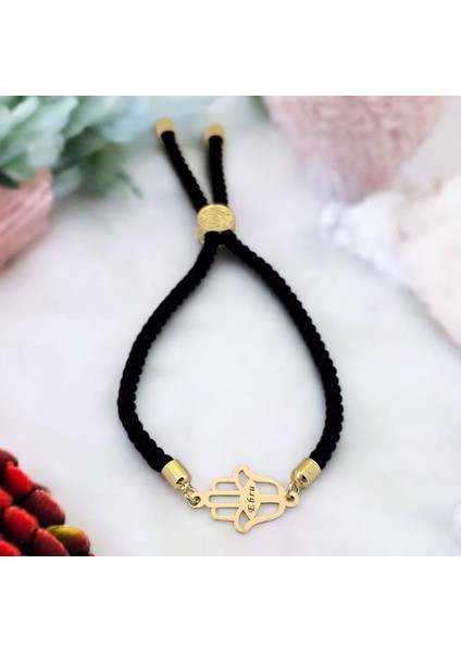Ebru İsmine Özel 14 Ayar Altın Plakalı Siyah İpek Örgülü Hamsa Motifli Hediye Bileklik-509 İsim fiyatları
