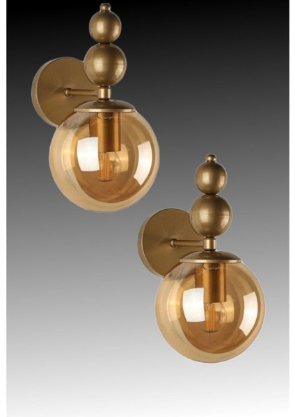 Şık 2'li Eskitme Altın Kasa Bal Camlı Duvar Aplik