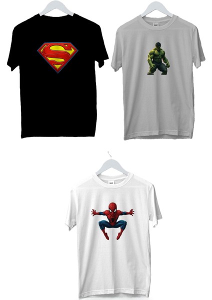 3 Adet Kaliteli Penye Erkek Çocuk Baskılı Siyah Tshirt 5 6 7 8 9 10 11 12 13 14 Yaş Superman Spiderman Hulk