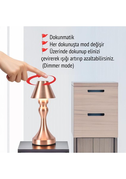 Şarjlı Dokunmatik Işıklı 3 Modlu Gold Retro Sehpa Lambası