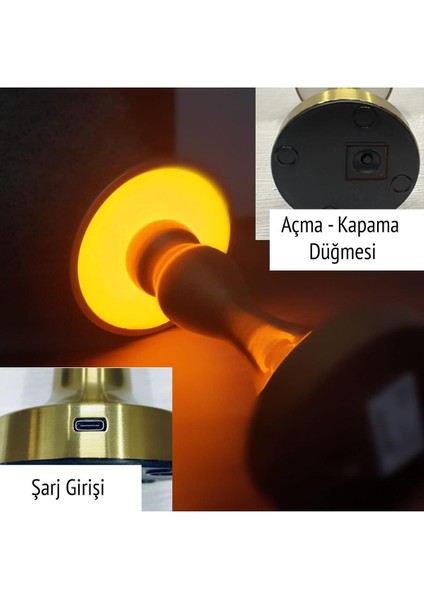 Şarjlı Dokunmatik Işıklı 3 Modlu Gold Retro Sehpa Lambası