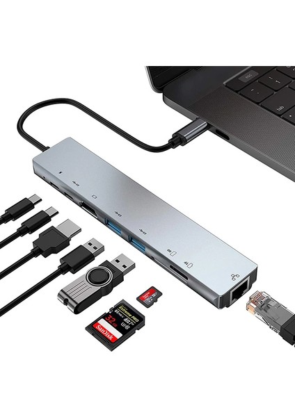 Ally 8 Port USB 8in1 3.0 Type-C HDMI 3xusb+2 Pd) RJ45 Hub Adaptör Çoklayıcı Tf S - YKD4398-8362