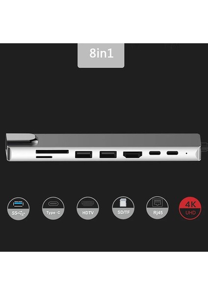 Ally 8 Port USB 8in1 3.0 Type-C HDMI 3xusb+2 Pd) RJ45 Hub Adaptör Çoklayıcı Tf S - YKD4398-8362