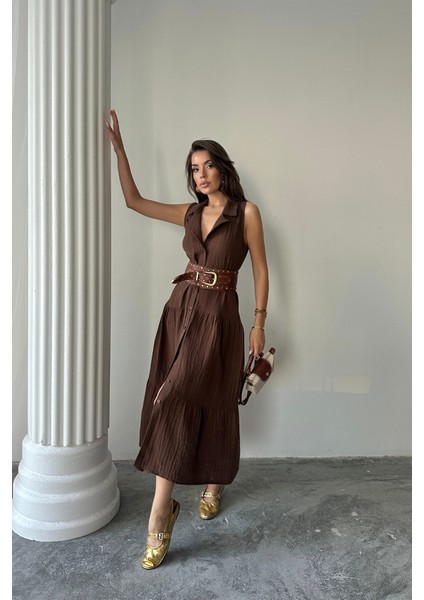 Müslin Elbise Gömlek Yaka Kolsuz Önden Düğmeli - Kahverengi