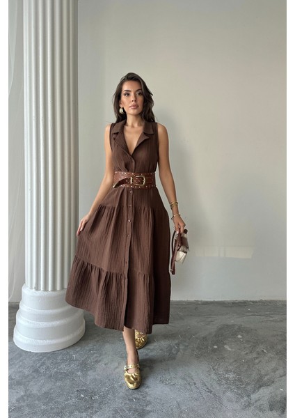 Müslin Elbise Gömlek Yaka Kolsuz Önden Düğmeli - Kahverengi fiyatları