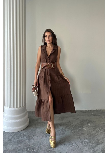 Müslin Elbise Gömlek Yaka Kolsuz Önden Düğmeli - Kahverengi modelleri